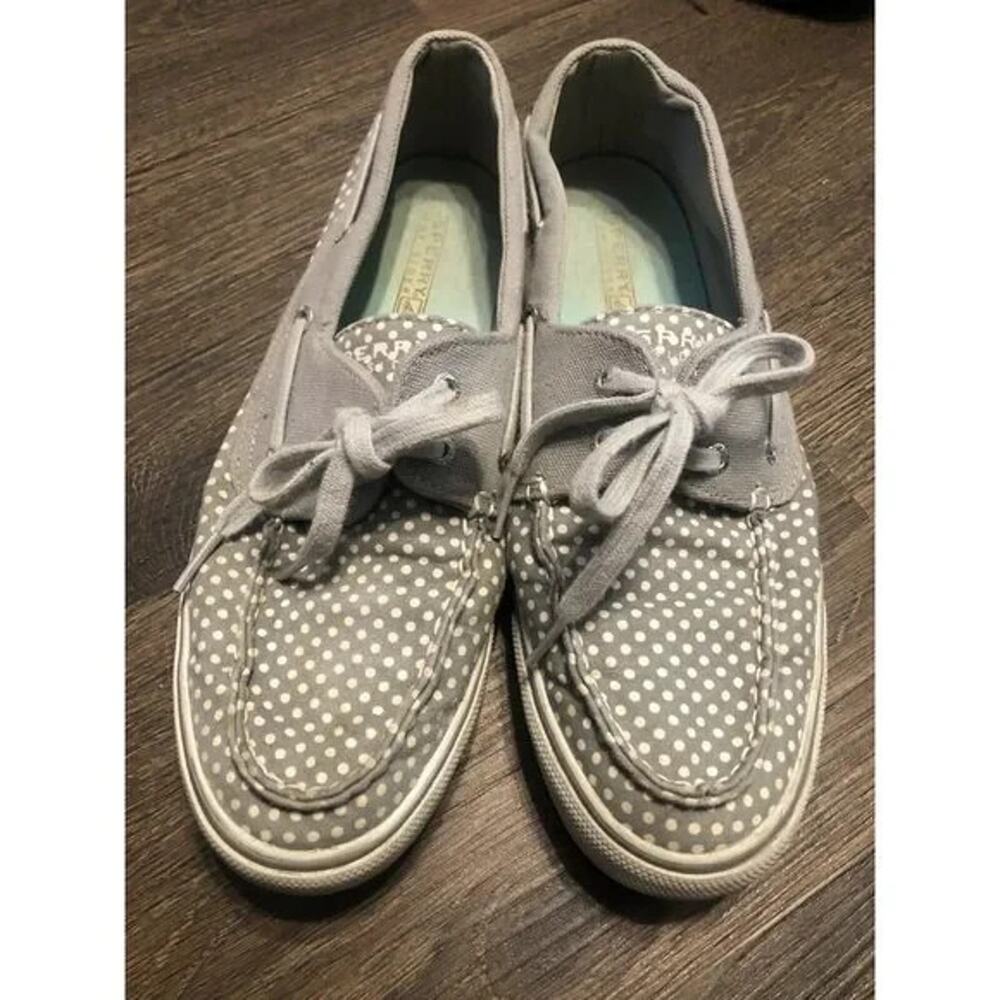 Sperry Top Sider gray polka dot canvas loafers Women 9M cute casual comfort USED
